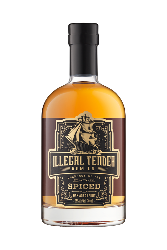 Front bottle view of Illegal Tender Rum Co Australian cane spirit spiced rum bottle 700ml.