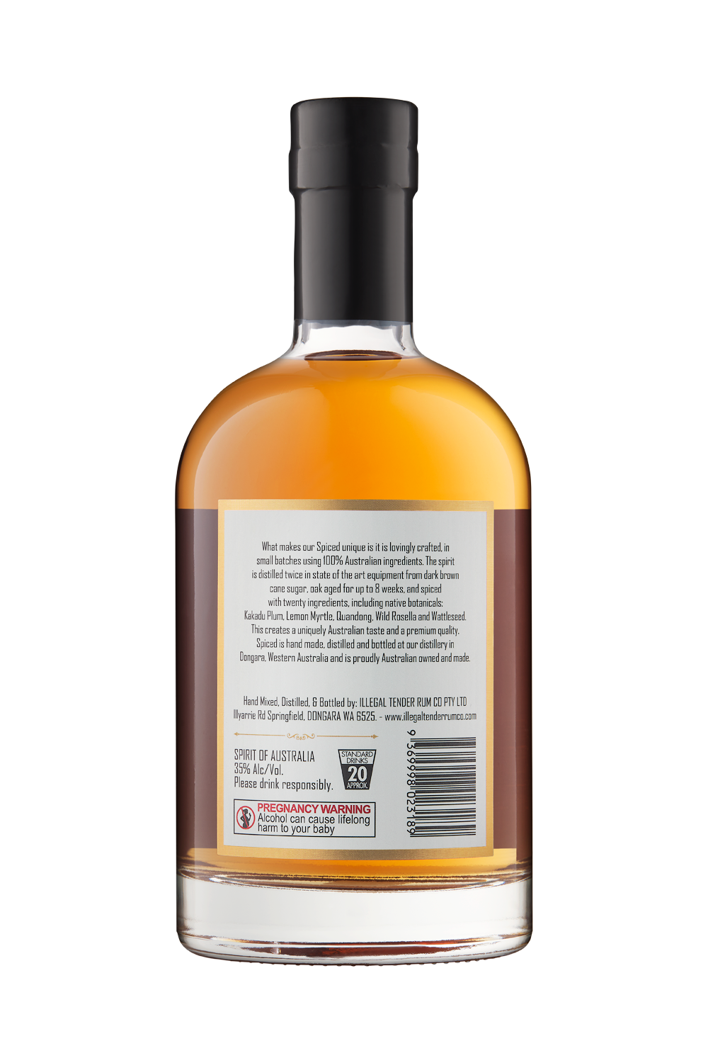 Illegal Tender Rum Co Australian cane spirit spiced rum bottle 700ml, back bottle view with product information.