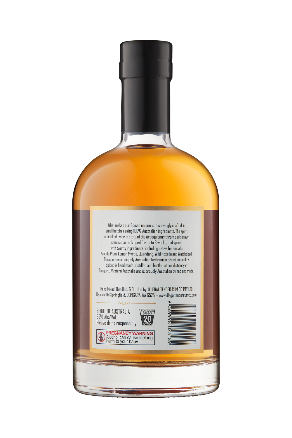 Illegal Tender Rum Co Australian spiced rum bottle 700ml, back bottle view with product information.