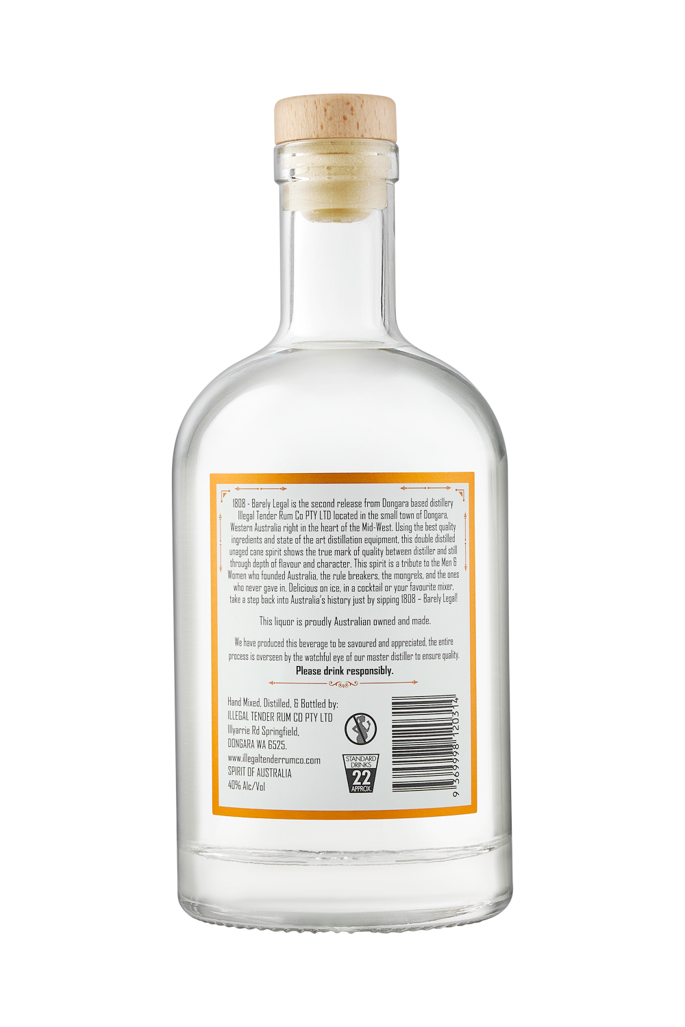 Illegal Tender Rum Co's 1808 Barely Legal bottle view form behind showing product information.