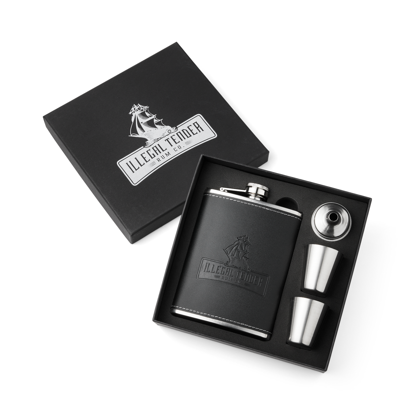 Illegal Tender Rum Co unboxed hip flask gift set with 250ml stainless steel hip flask, two 30ml cups, and a funnel.