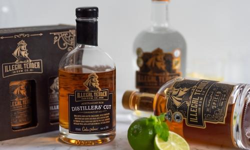 Illegal Tender Rum product collection,  Distillers Cut 500ml, 200ml Illegal Tender Gift Set, Spiced 700ml and 1808 Barely Legal.