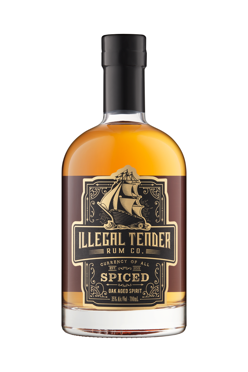 Front bottle view of Illegal Tender Rum Co Australian cane spirit spiced rum bottle 700ml.