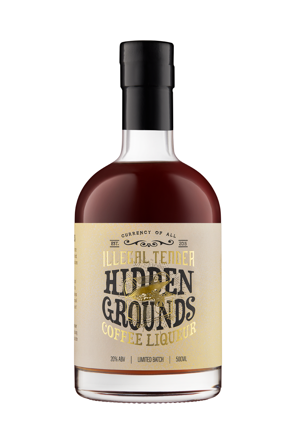 Illegal Tender Rum Co hidden grounds coffee liqueur 500ml front bottle view.