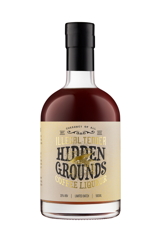 Illegal Tender Rum Co hidden grounds coffee liqueur 500ml front bottle view.