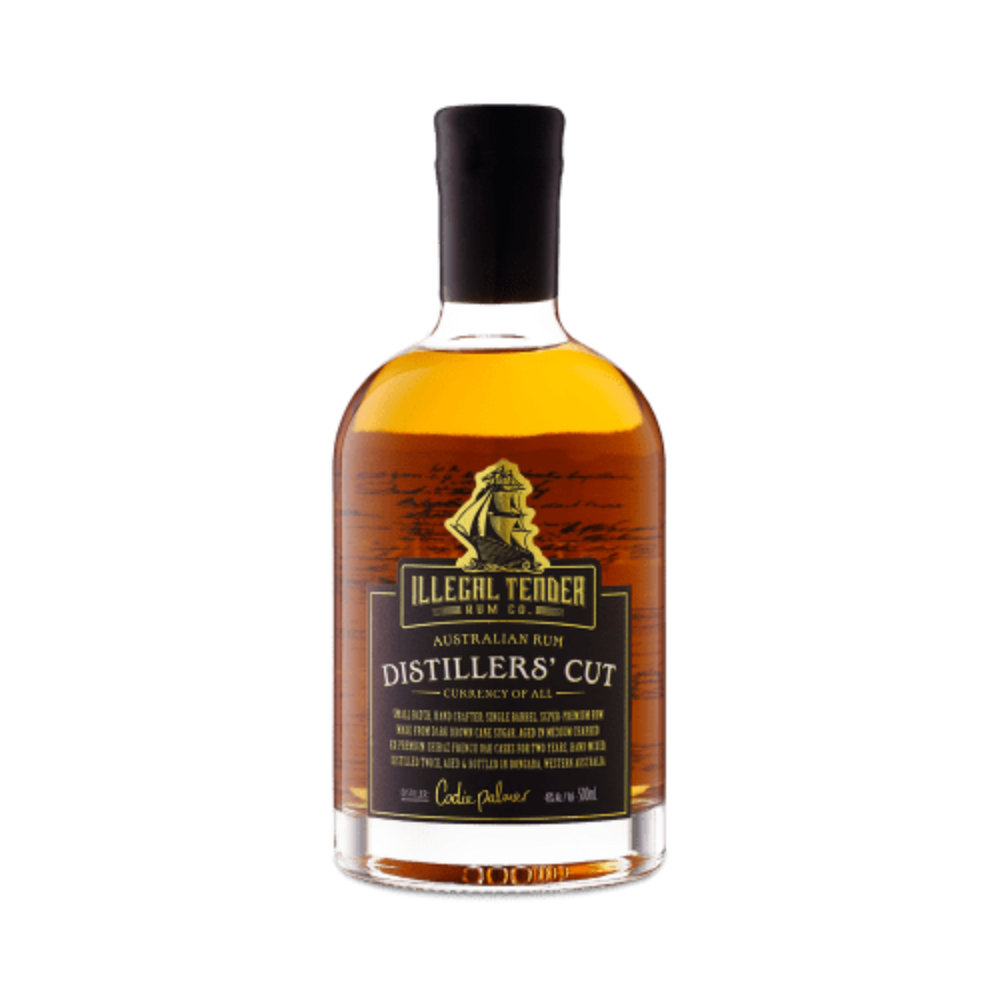 Illegal Tender Rum Co's Distillers Cut Rum 500ml front bottle view. A premium liquor and 2022 World Rum Awards winner for the world's best column-distilled rum.