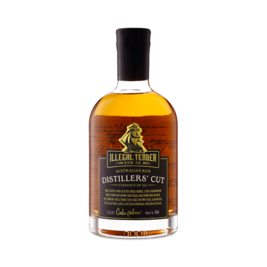 Illegal Tender Rum Co's Distillers Cut Rum 500ml front bottle view. A premium liquor and 2022 World Rum Awards winner for the world's best column-distilled rum.