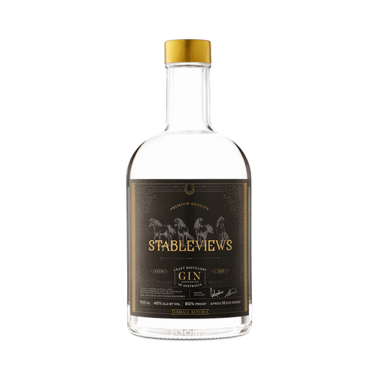 Stableviews 100% Sugar-Free Dry Australian Gin in a 500ml front bottle view. Shown as a premium gin from Western Australia.