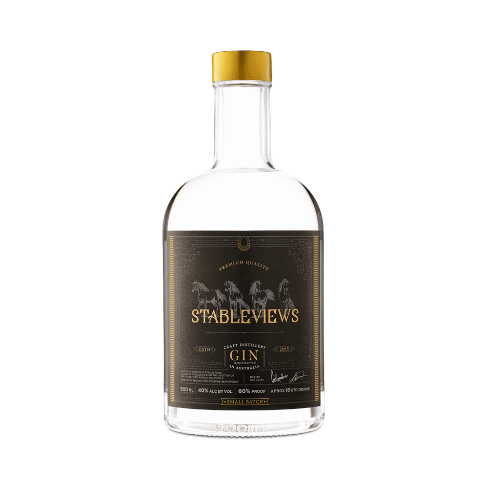 Stableviews 100% Sugar-Free Dry Australian Gin in a 500ml front bottle view. Shown as a premium gin from Western Australia.