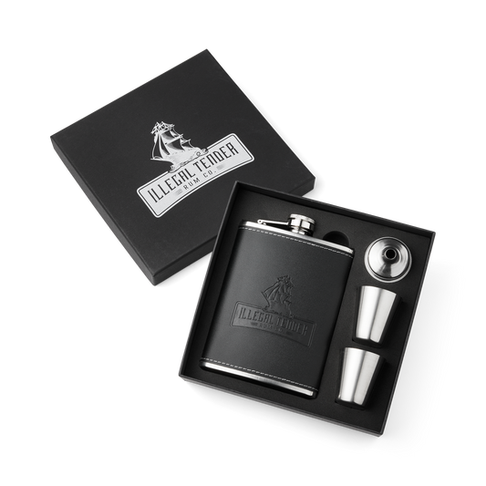 Illegal Tender Rum Co unboxed hip flask gift set with 250ml stainless steel hip flask, two 30ml cups, and a funnel.