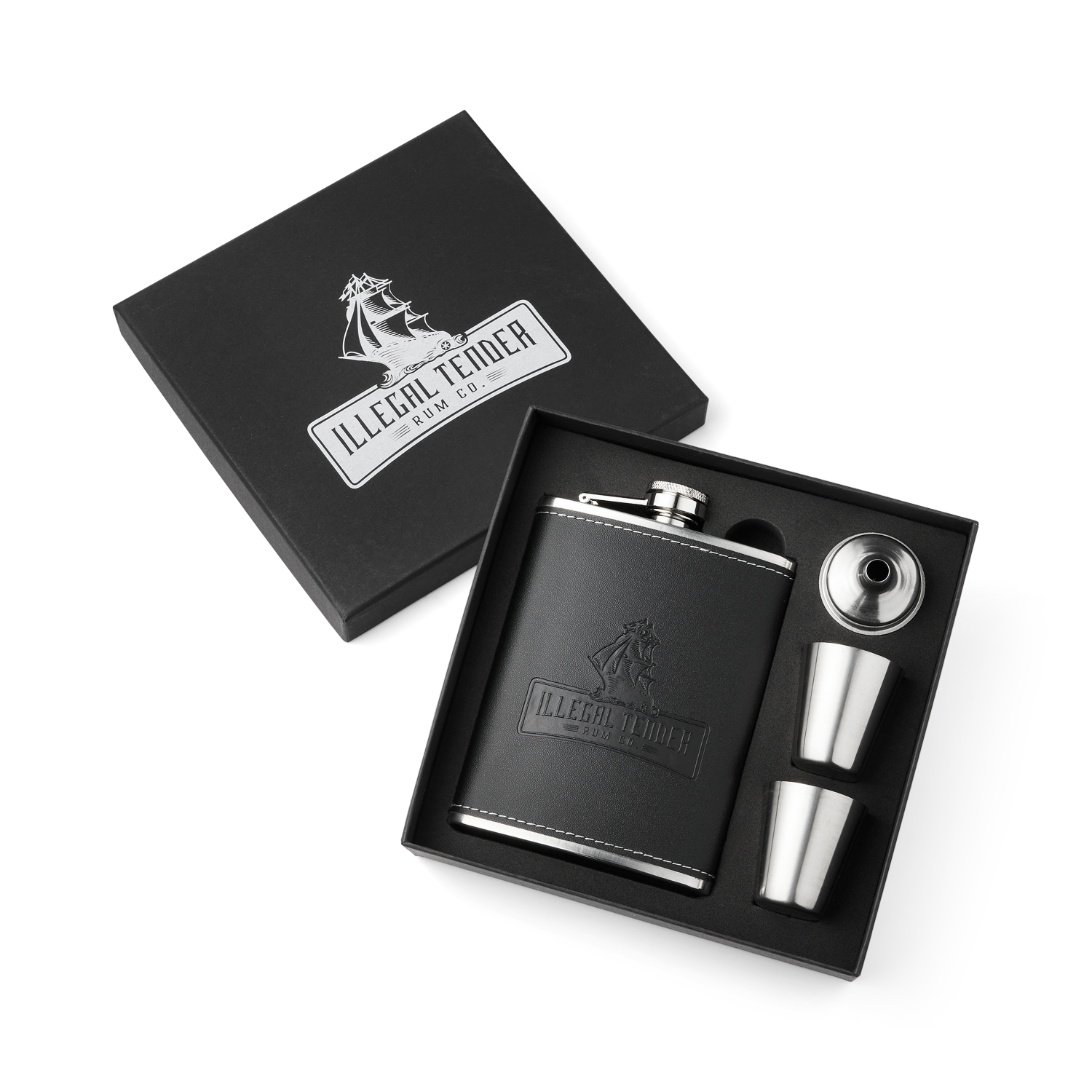 Illegal Tender Rum Co unboxed hip flask gift set with 250ml stainless steel hip flask, two 30ml cups, and a funnel.