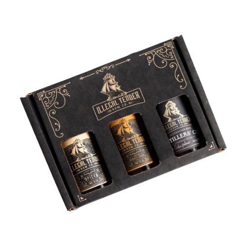 3-pack Illegal Tender premium spirits gift set. Including Spiced, 1808 Barely Legal & Distillers Cut in 200ml bottles.
