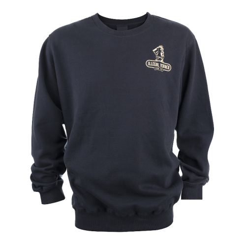 Illegal Tender Rum Co's black unisex round neck jumper front view with logo in the top right.