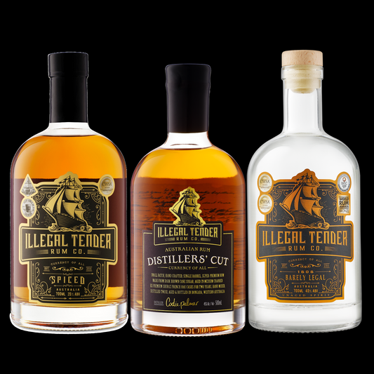 Illegal Tender Rum Co's 3-pack premium spirits with 700ml spiced rum, 700ml 1808 barely legal, and 500ml distillers cut.